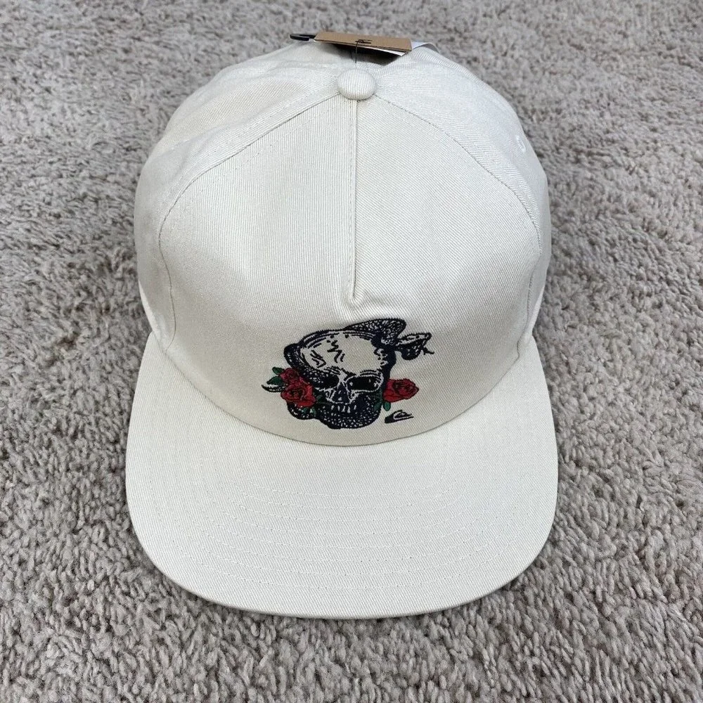 Quiksilver Mean Doggin Hat‎ Birch & Black Rose Skull Snapback Baseball Cap NWT